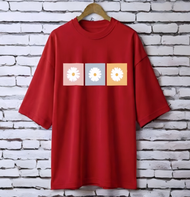 3 Daisy Maroon drop shoulder Printed drop shoulder t-shirt