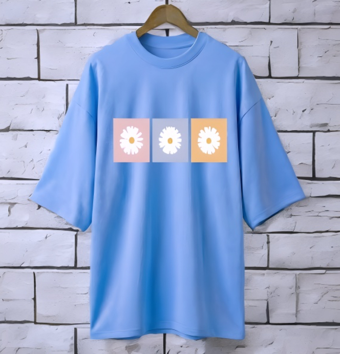 3 Daisy Sky Blue drop shoulder Printed drop shoulder t-shirt