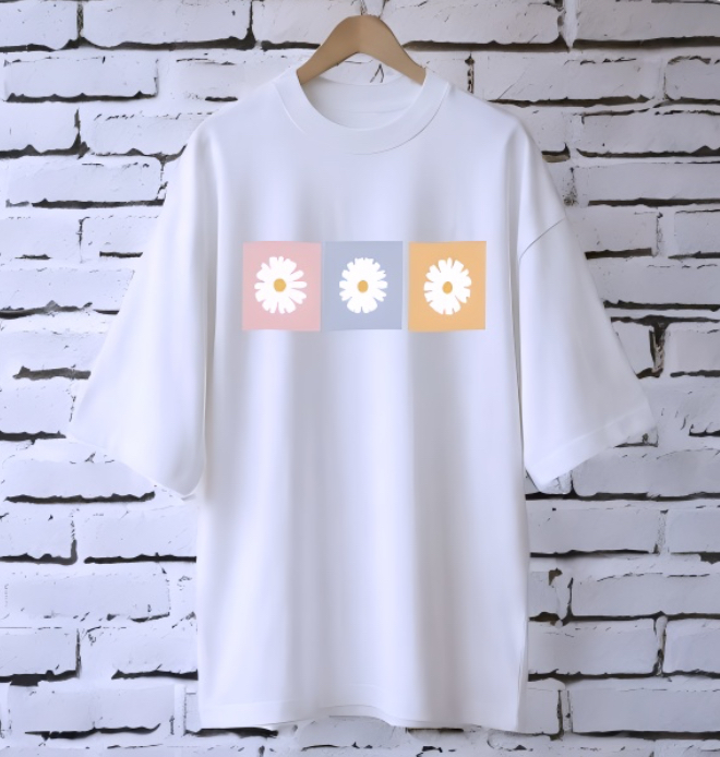 3 Daisy WHITE drop shoulder Printed drop shoulder t-shirt