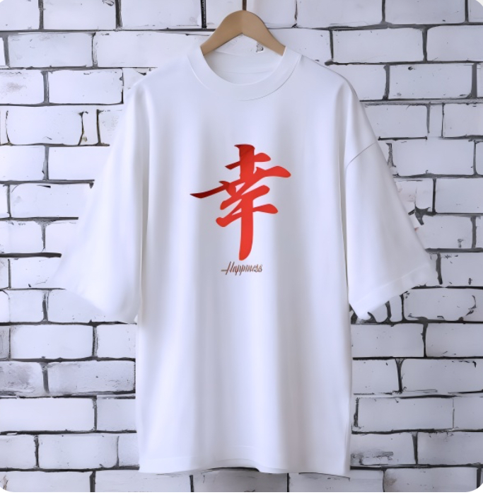 Happiness Japanese WHITE drop shoulder Printed drop shoulder t-shirt
