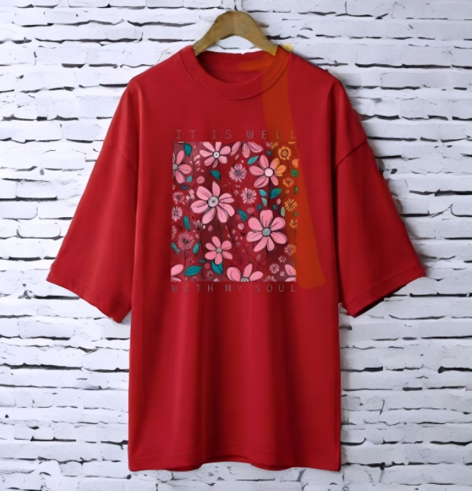 It is well Maroon drop shoulder Printed drop shoulder t-shirt