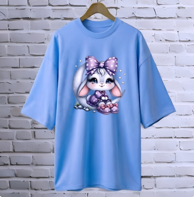 Rabbit Moon Sky blue drop shoulder Printed drop shoulder t-shirt