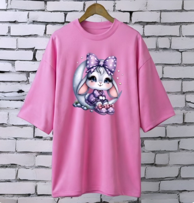 Rabbit moon PINK drop shoulder Printed drop shoulder t-shirt
