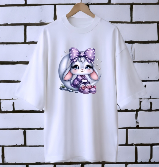 Rabbit moon WHITE drop shoulder Printed drop shoulder t-shirt