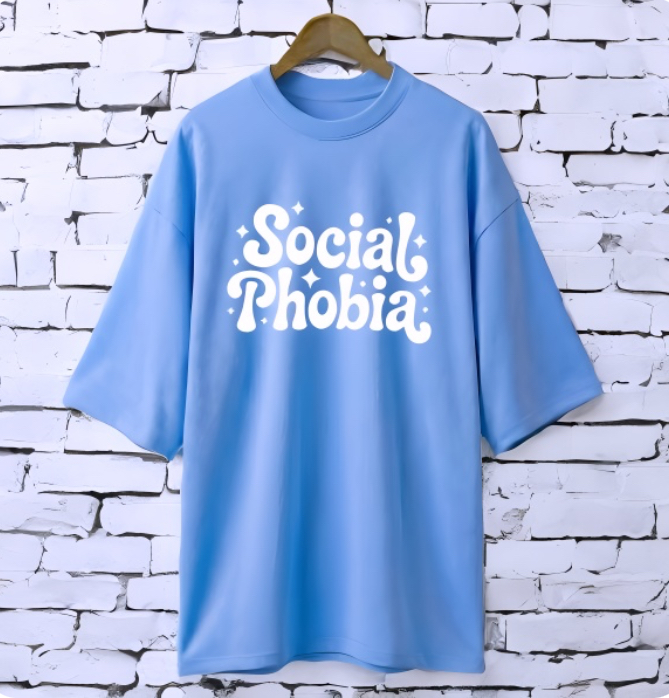 Social phobia Sky Blue drop shoulder Printed drop shoulder t-shirt