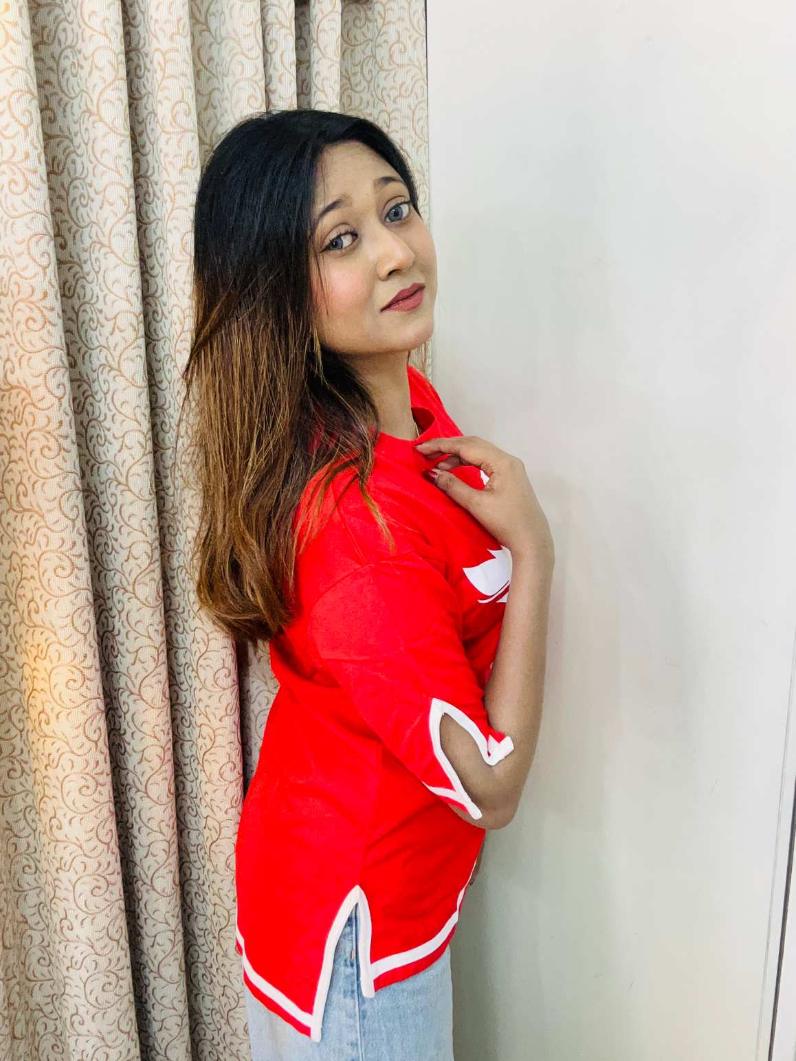 Feather red Drop shoulder Sleeve cut design drop shoulder with print