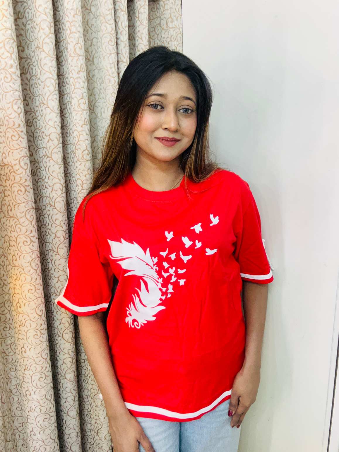 Feather red Drop shoulder Sleeve cut design drop shoulder with print