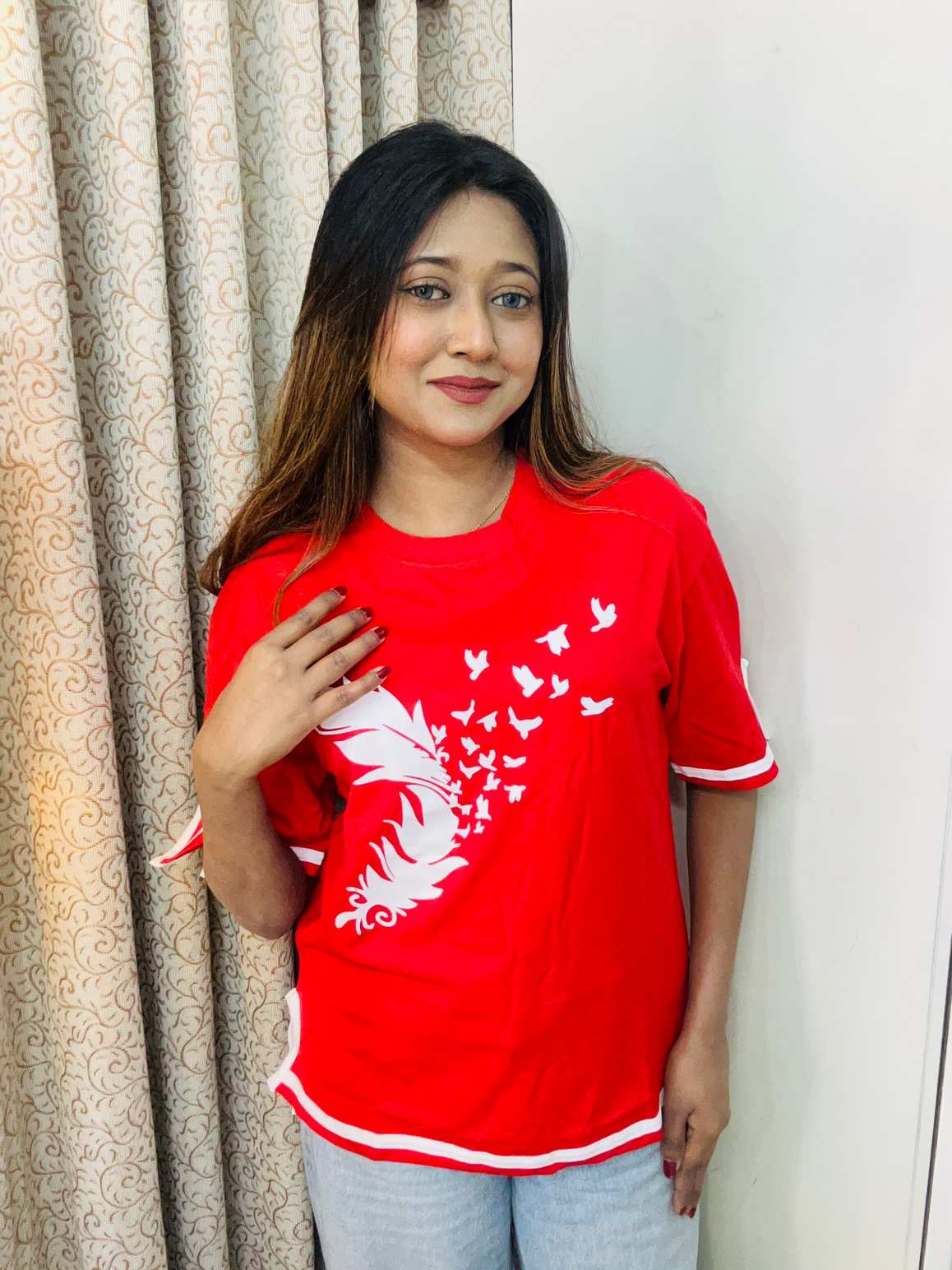 Feather red Drop shoulder Sleeve cut design drop shoulder with print