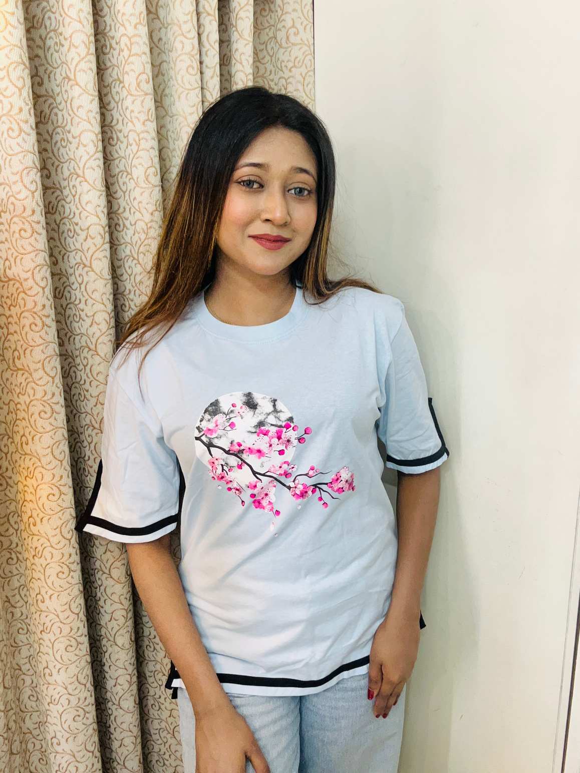 Sakura moon ice blue Drop shoulder Sleeve cut design drop shoulder with print