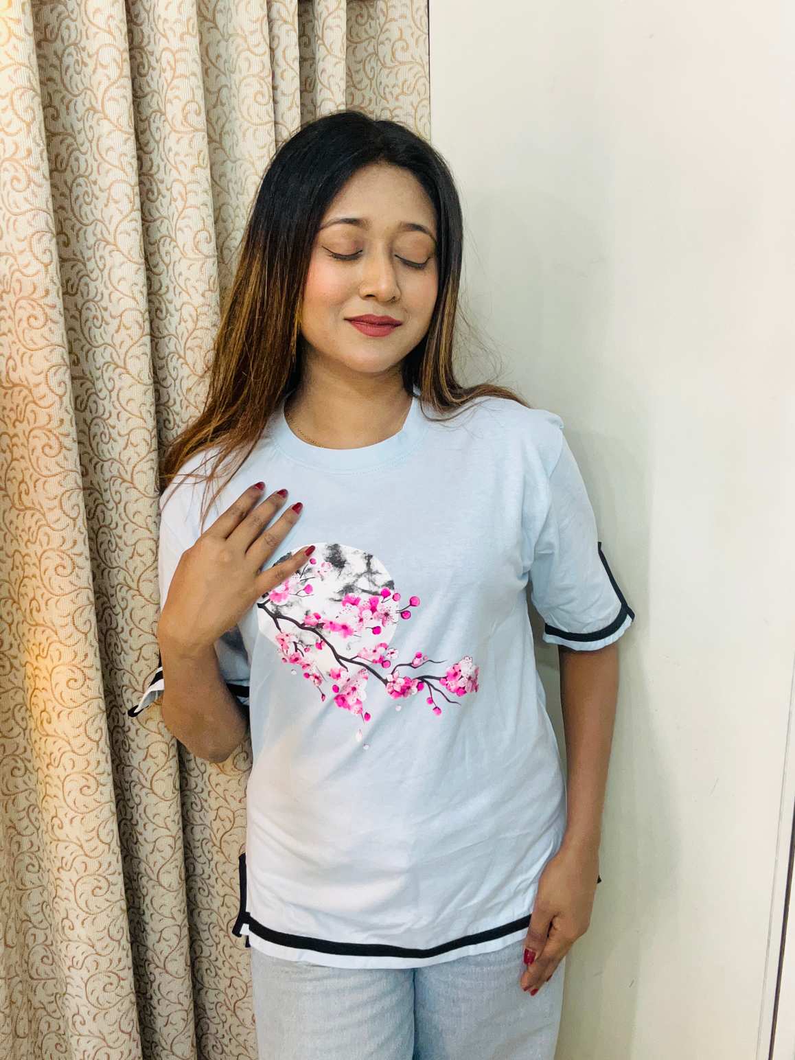 Sakura moon ice blue Drop shoulder Sleeve cut design drop shoulder with print