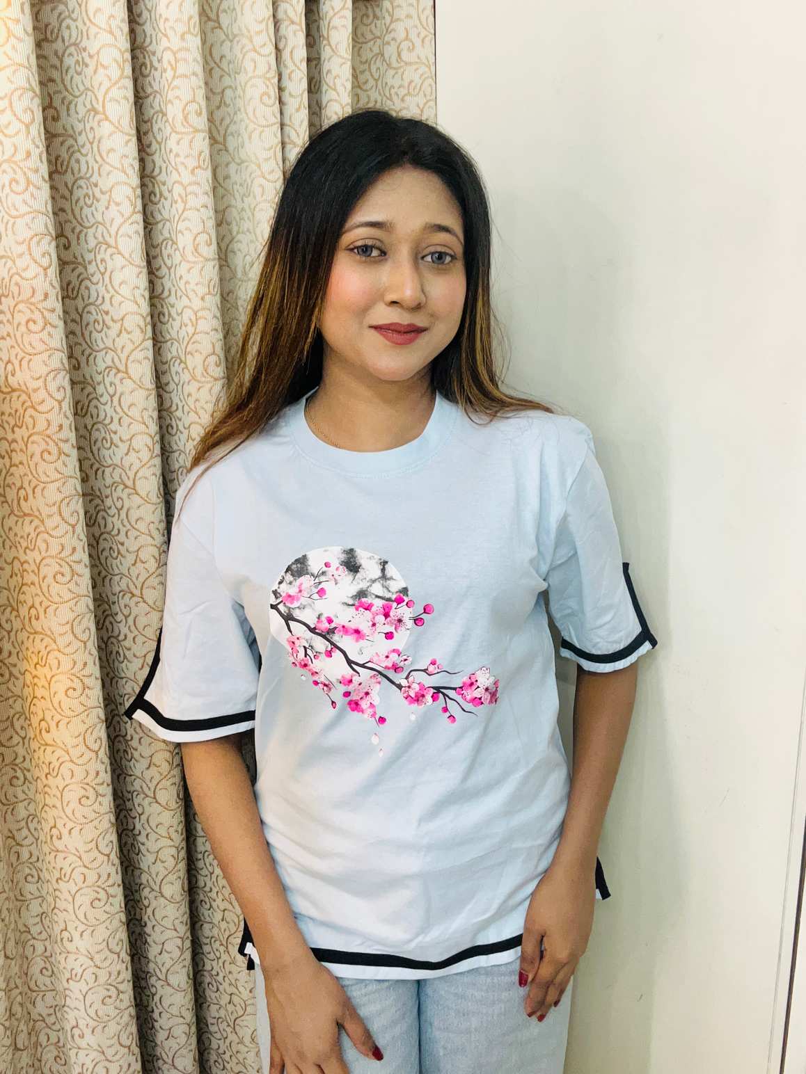 Sakura moon ice blue Drop shoulder Sleeve cut design drop shoulder with print