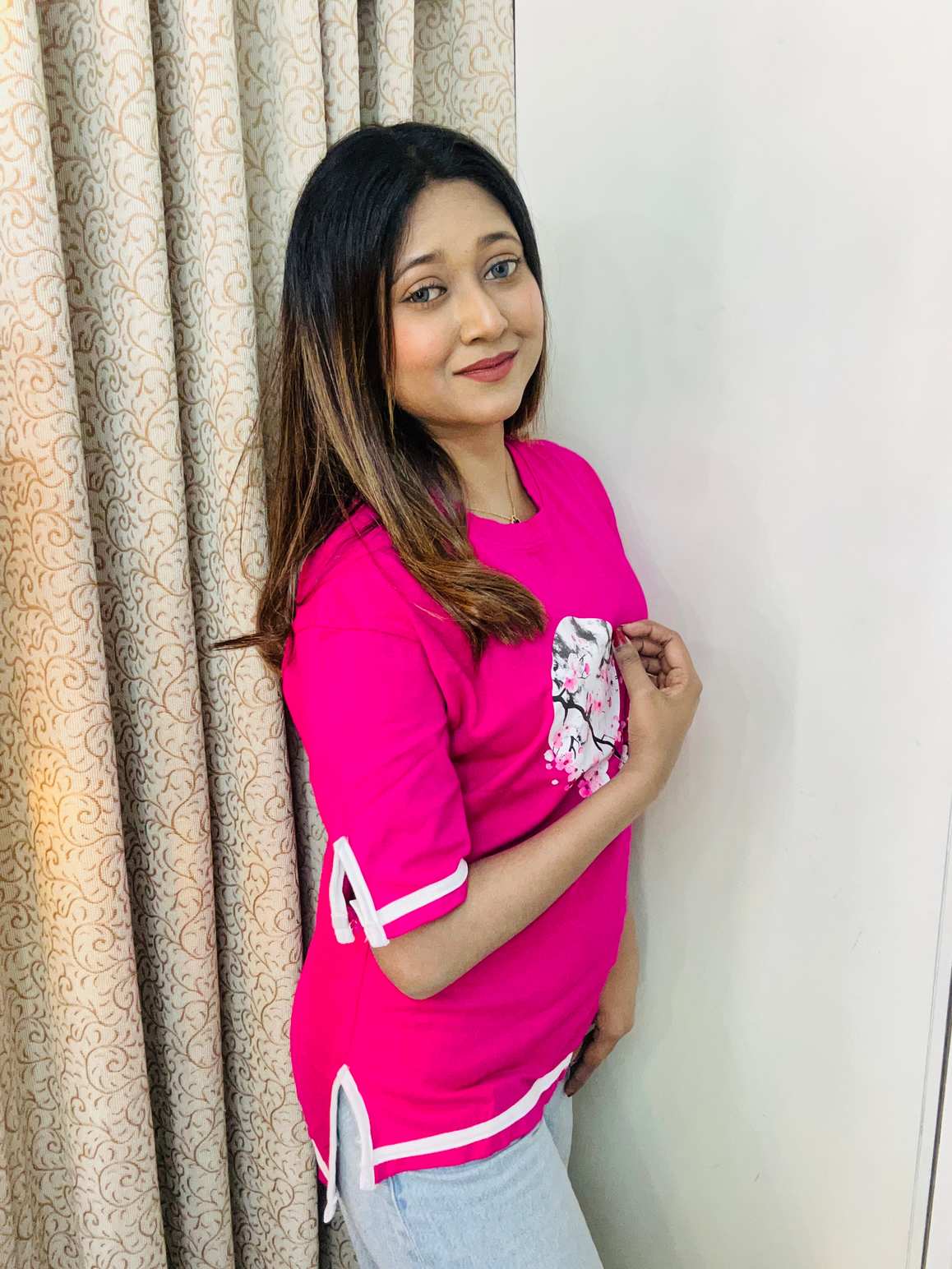 Sakura moon magenta Drop shoulder Sleeve cut design drop shoulder with print