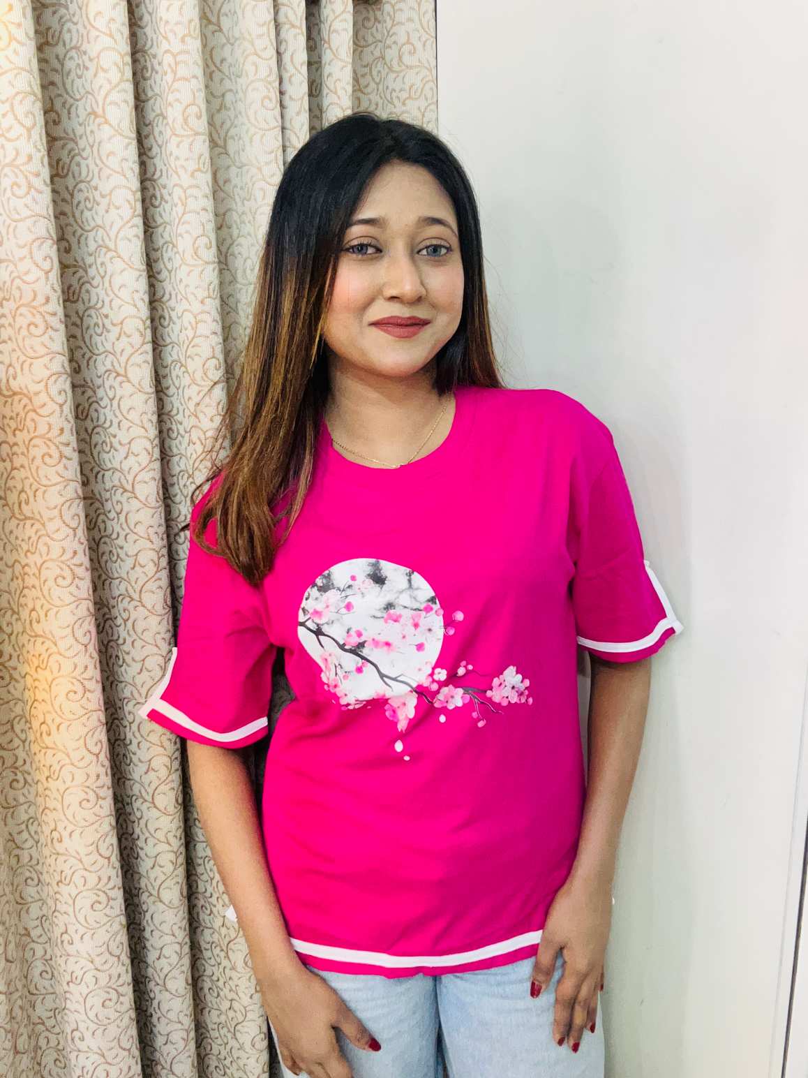 Sakura moon magenta Drop shoulder Sleeve cut design drop shoulder with print