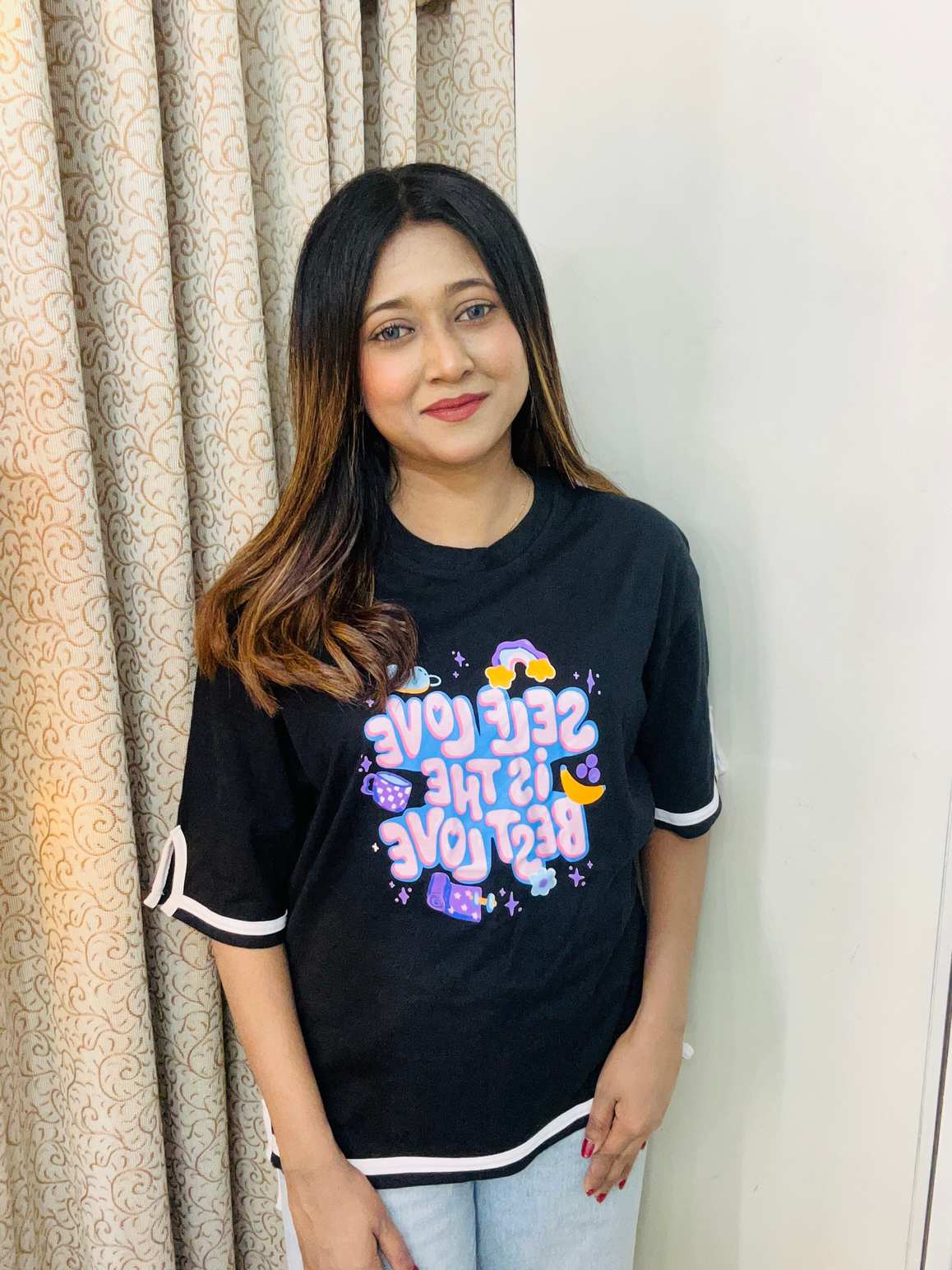 Self love black Drop shoulder Sleeve cut design drop shoulder with print