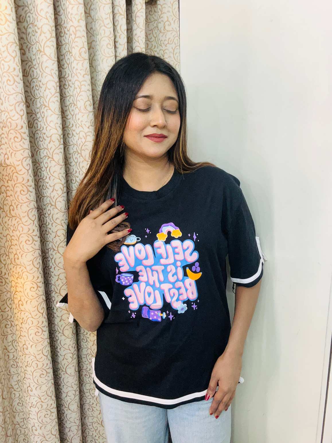 Self love black Drop shoulder Sleeve cut design drop shoulder with print